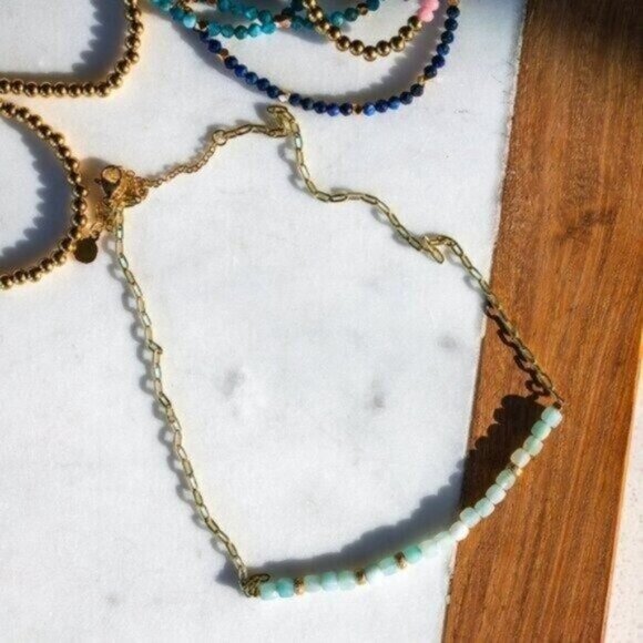 Gemstone Necklace Gold Paperclip Chain Blue amazonite Beaded Necklace - Picture 10 of 11